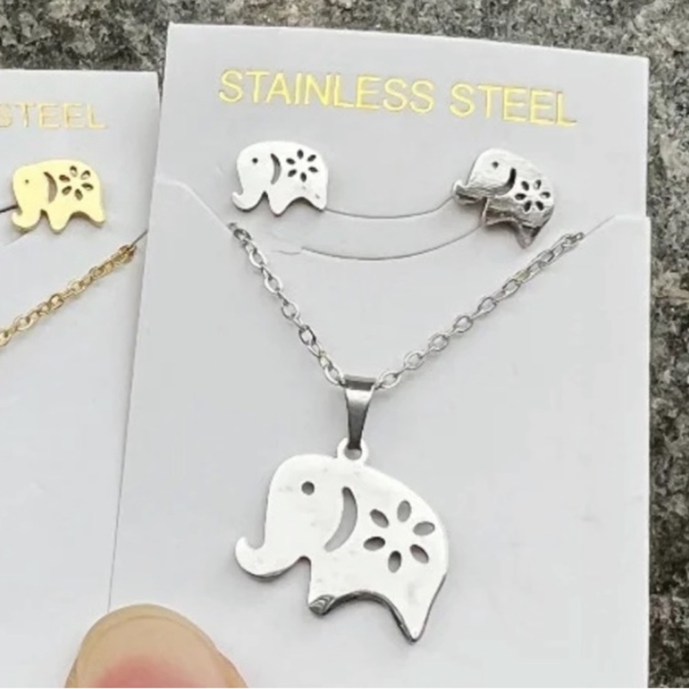 Elephant Necklace and Earrings Set STAINLESS STEEL Non Tarnish with Gift Box - Picture 2 of 6